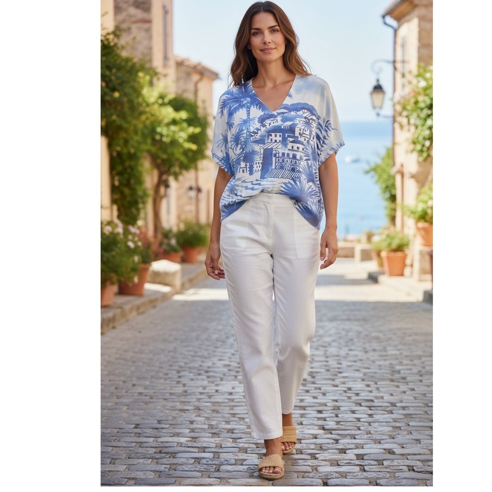 Sioni Blue White Italian Resort Village Print V-Neck Knit Top XS NWT